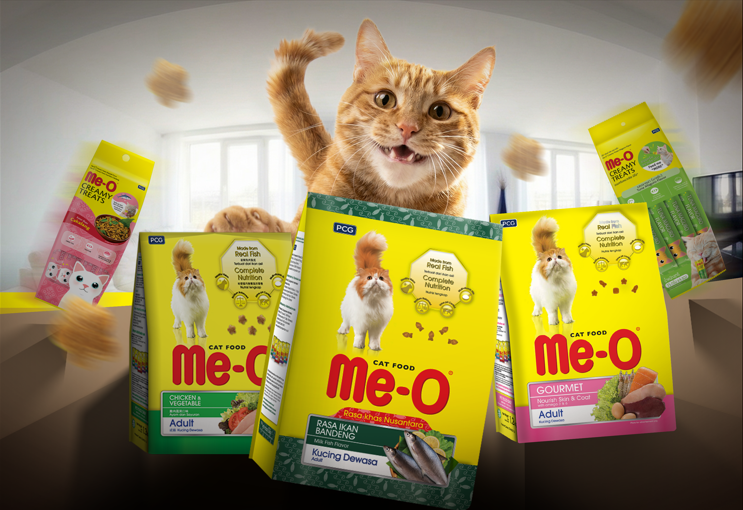 Me-O Indonesia cat food packaging and a cat